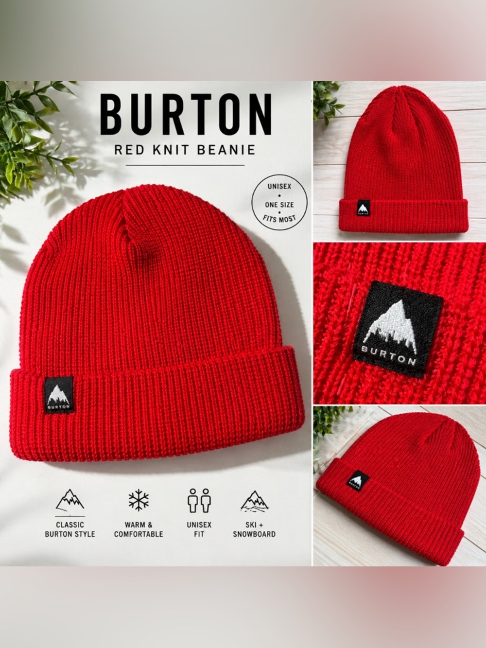 Burton Red Beanie Knit Hat Ski Snowboard Winter Cap Unisex Logo